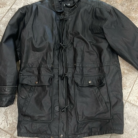 Teco men’s black Leather Jacket size XL biker 90s trench coat - Picture 3 of 16